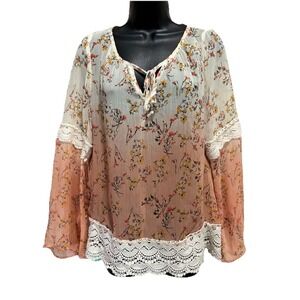 Taylor & Sage Floral Chiffon Peach/Ivory Long Sleeve Tie Neck Blouse Size‎ M